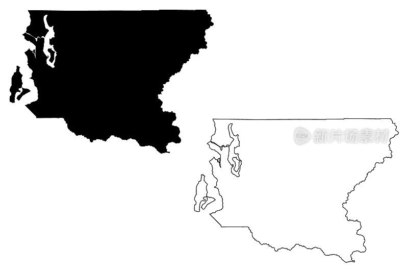 美国华盛顿州金县(U.S. County, United States, USA, USA)地图矢量插图，草稿示意图金县地图